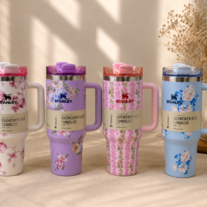 40oz Floral Tumbler Cup with Handle & Straw 1.2l – Random Floral Design | Double Wall Stainless Steel Style